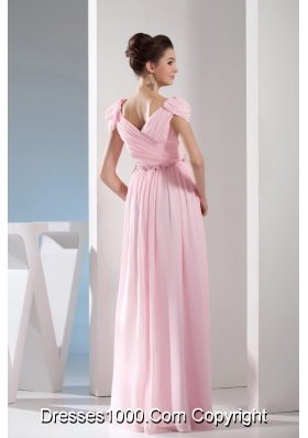 Beading V-neck Empire long Pink Prom Dress with Side Zipper