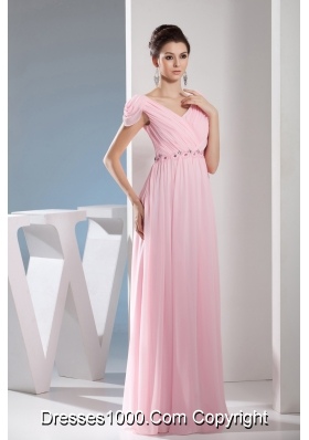 Beading V-neck Empire long Pink Prom Dress with Side Zipper