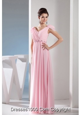 Beading V-neck Empire long Pink Prom Dress with Side Zipper