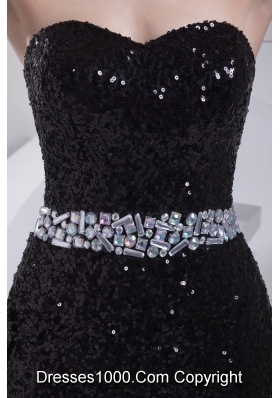 Black Sequin Beading Sweetheart Brush Train Prom Dress