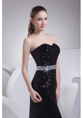 Black Sequin Beading Sweetheart Brush Train Prom Dress