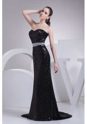 Black Sequin Beading Sweetheart Brush Train Prom Dress