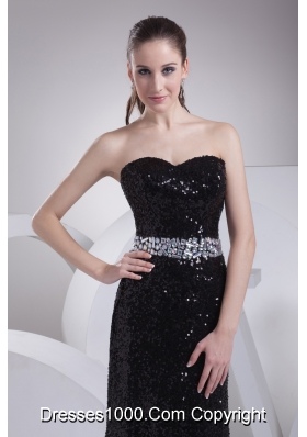 Black Sequin Beading Sweetheart Brush Train Prom Dress