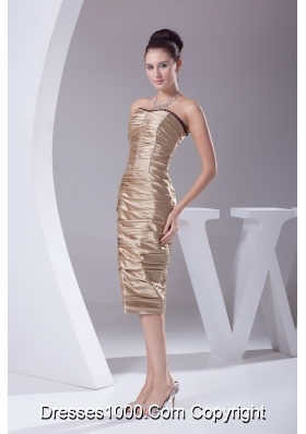 Champagne Knee-length Ruching Beading Prom Dress