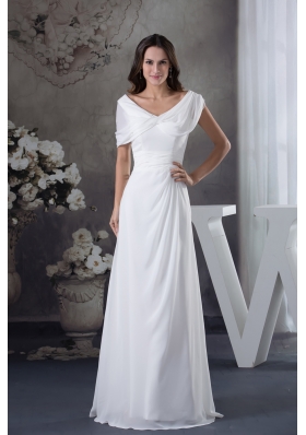 Cheap White Ruching Empire long Prom Dress with V-neck