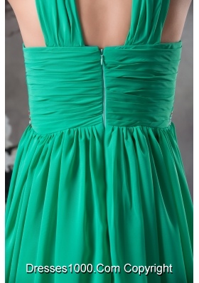 Clearance Beading and Ruching Empire Green long V-neck Prom Dress