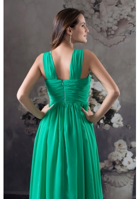 Clearance Beading and Ruching Empire Green long V-neck Prom Dress