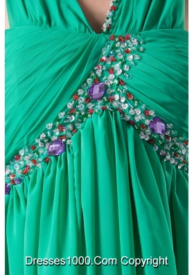 Clearance Beading and Ruching Empire Green long V-neck Prom Dress