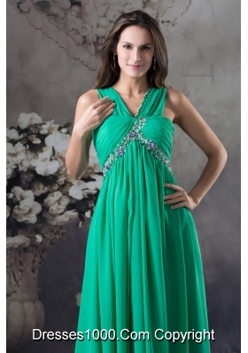 Clearance Beading and Ruching Empire Green long V-neck Prom Dress