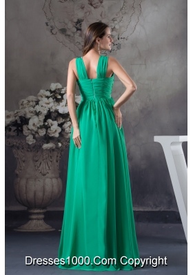 Clearance Beading and Ruching Empire Green long V-neck Prom Dress