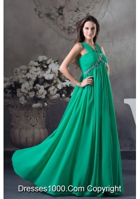 Clearance Beading and Ruching Empire Green long V-neck Prom Dress