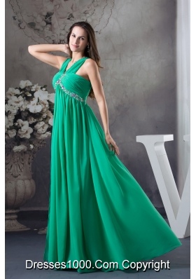 Clearance Beading and Ruching Empire Green long V-neck Prom Dress