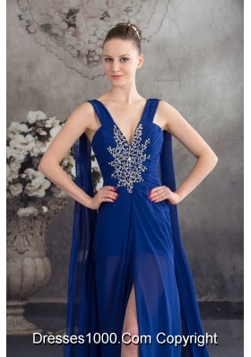 Elegant Beading Royal Blue Empire Watteau Train  Prom Dress