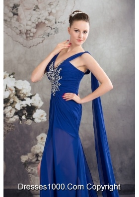 Elegant Beading Royal Blue Empire Watteau Train  Prom Dress