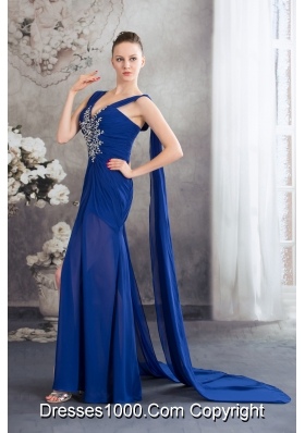 Elegant Beading Royal Blue Empire Watteau Train  Prom Dress