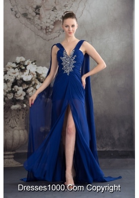 Elegant Beading Royal Blue Empire Watteau Train  Prom Dress