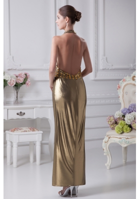 Halter Top Gold Beading Ankle-length Prom Dress