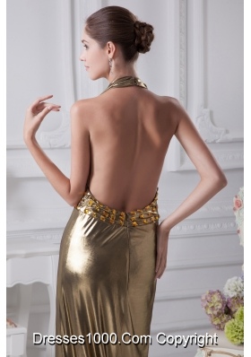 Halter Top Gold Beading Ankle-length Prom Dress