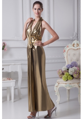 Halter Top Gold Beading Ankle-length Prom Dress