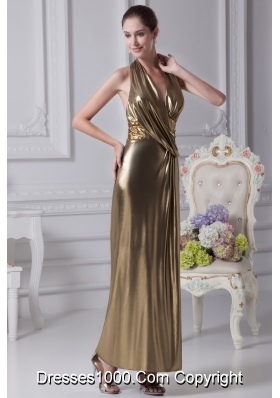 Halter Top Gold Beading Ankle-length Prom Dress