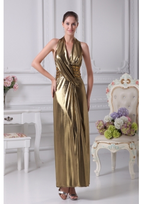 Halter Top Gold Beading Ankle-length Prom Dress
