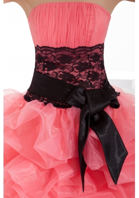 Lace and Pick Up Column Strapless Short Watermelon Prom Dress