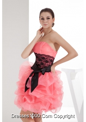 Lace and Pick Up Column Strapless Short Watermelon Prom Dress