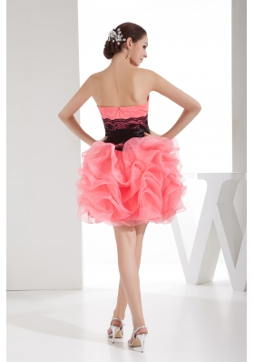 Lace and Pick Up Column Strapless Short Watermelon Prom Dress