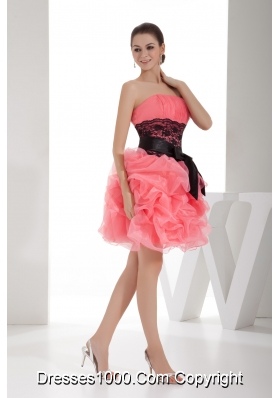 Lace and Pick Up Column Strapless Short Watermelon Prom Dress