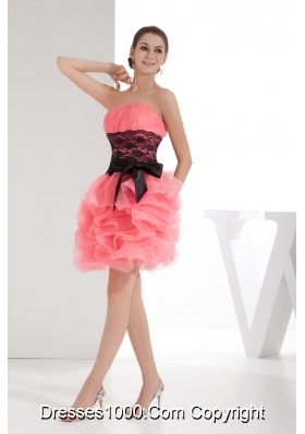 Lace and Pick Up Column Strapless Short Watermelon Prom Dress