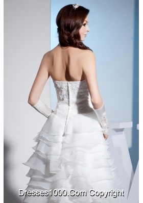 Lace and Ruffled Layers High-low Brush Train strapless Wedding Dress