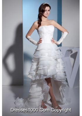 Lace and Ruffled Layers High-low Brush Train strapless Wedding Dress