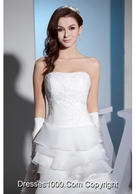 Lace and Ruffled Layers High-low Brush Train strapless Wedding Dress