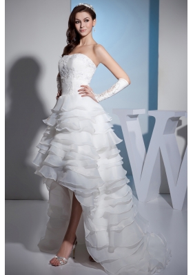 Lace and Ruffled Layers High-low Brush Train strapless Wedding Dress