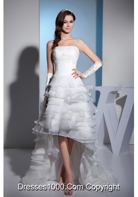 Lace and Ruffled Layers High-low Brush Train strapless Wedding Dress