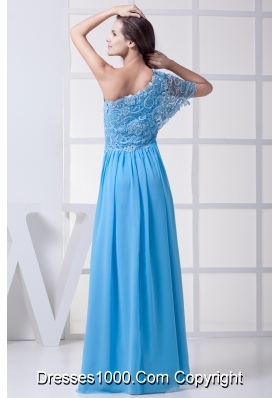 Lace One Shoulder Long Baby Blue Prom Dress