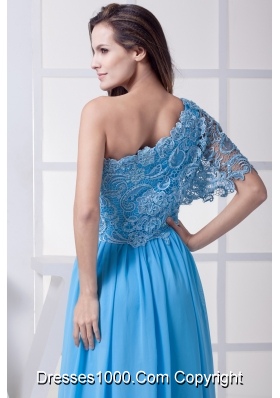 Lace One Shoulder Long Baby Blue Prom Dress