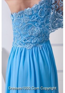 Lace One Shoulder Long Baby Blue Prom Dress