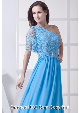 Lace One Shoulder Long Baby Blue Prom Dress