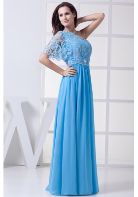 Lace One Shoulder Long Baby Blue Prom Dress