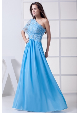 Lace One Shoulder Long Baby Blue Prom Dress