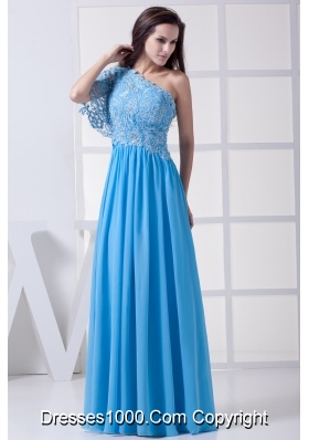 Lace One Shoulder Long Baby Blue Prom Dress