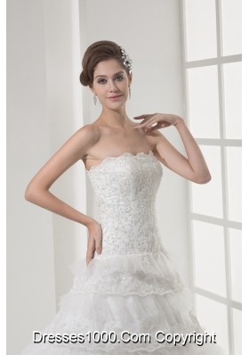 Lace Strapless A-line / Princess Wedding Dress With Brush Train