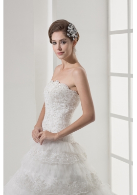 Lace Strapless A-line / Princess Wedding Dress With Brush Train