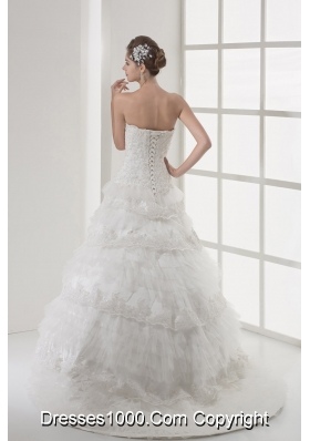 Lace Strapless A-line / Princess Wedding Dress With Brush Train