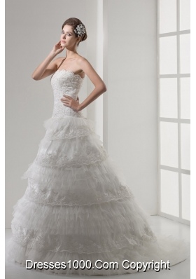 Lace Strapless A-line / Princess Wedding Dress With Brush Train