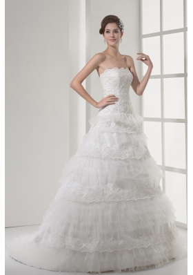 Lace Strapless A-line / Princess Wedding Dress With Brush Train