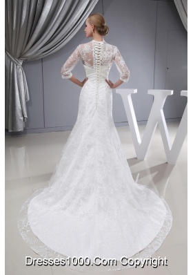 Lace V-neck Mermaid Court Train 3/4 Sleeves Wedding Dress