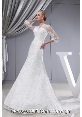 Lace V-neck Mermaid Court Train 3/4 Sleeves Wedding Dress