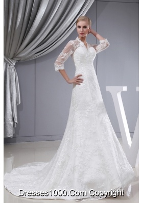 Lace V-neck Mermaid Court Train 3/4 Sleeves Wedding Dress